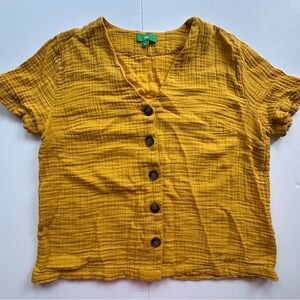 Dip yellow short sleeve‎ large button down blouse v neck women’s small